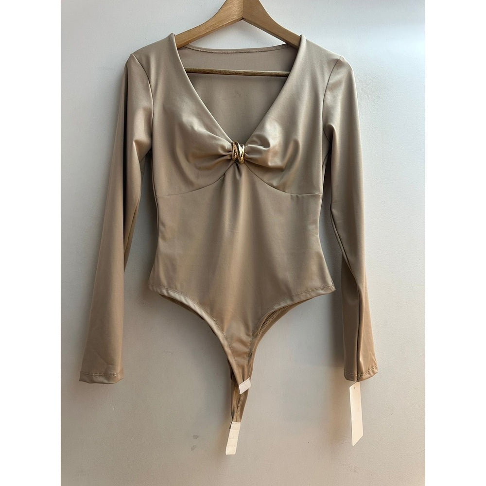 Latte Beige long sleeve bodysuit with V-neck and gold ring twist front - front view