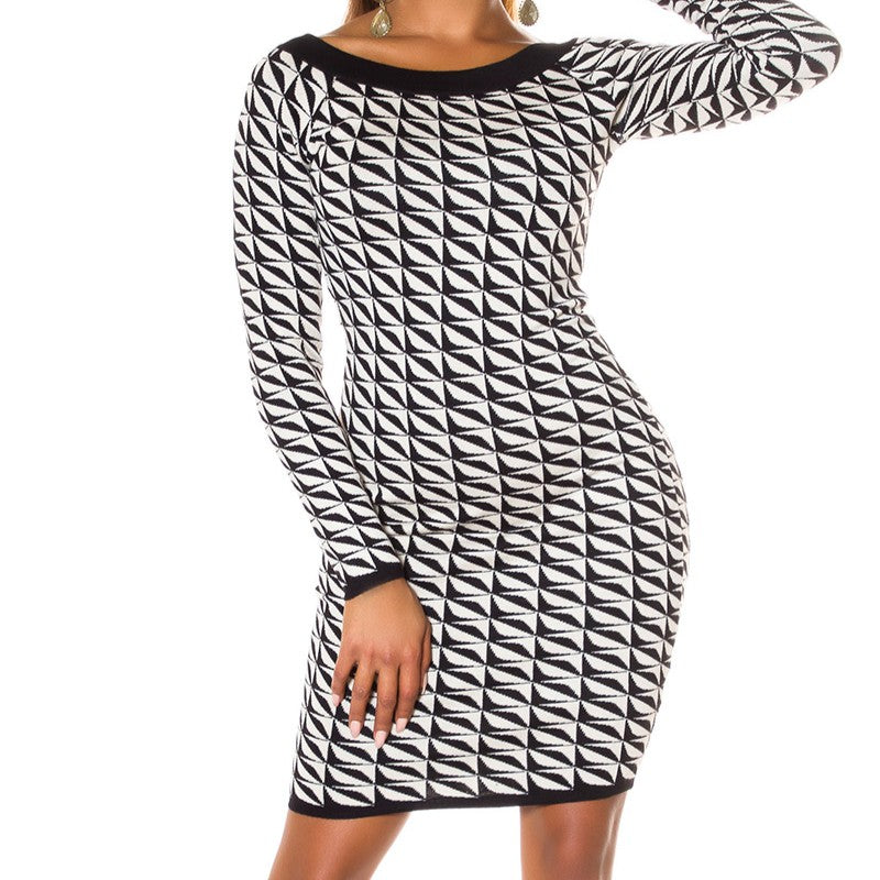 Black White geometric jacquard knit bodycon dress with black trim - front view