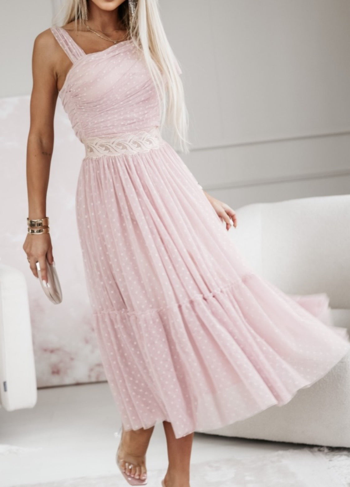Nude asymmetric tulle midi dress with lace waist detail by MARIΓIOÚ