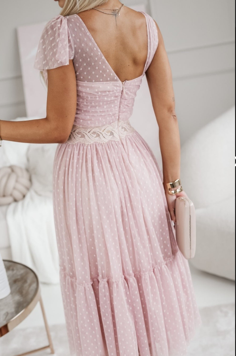 Back view of nude 100% nylon tulle midi dress with lace waistband MARIΓIOÚ
