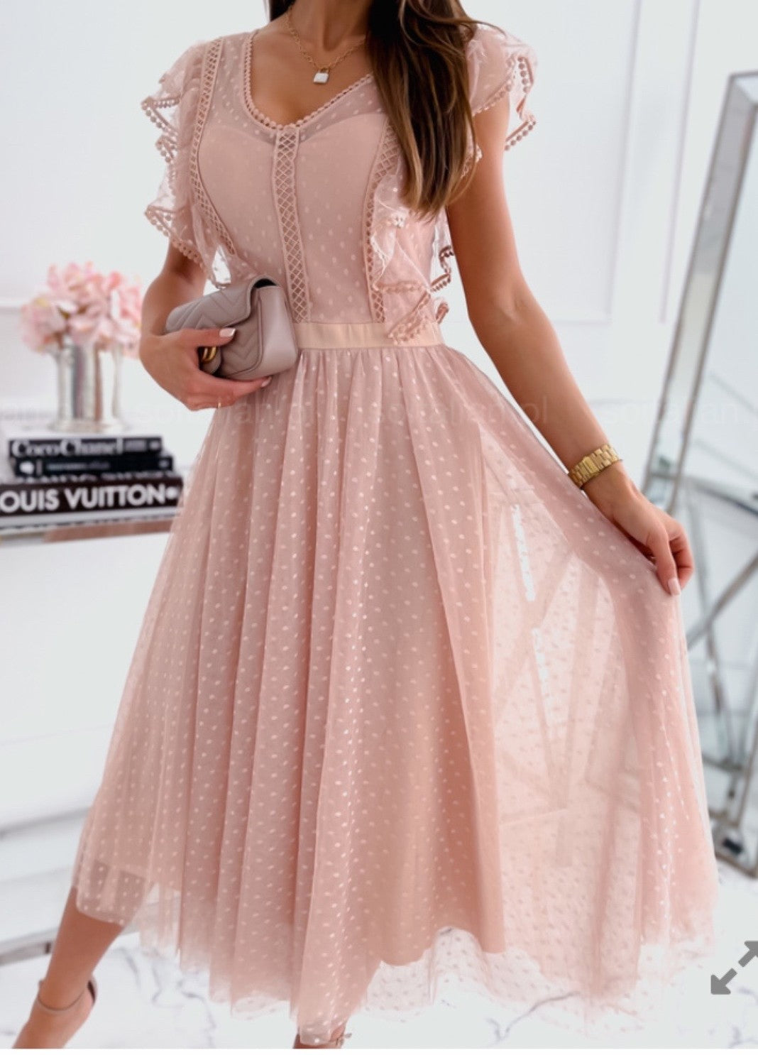 Flowing nude 100% nylon tulle skirt with delicate dotted texture MARIΓIOÚ