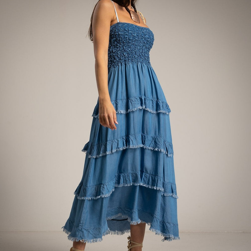 Boho denim tiered maxi dress in Ocean Blue with smocked bodice front view