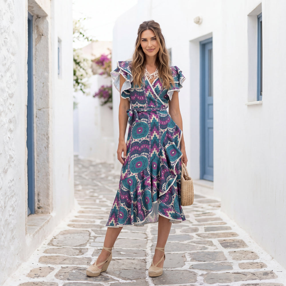 Woman wearing Ocean Mosaic wrap midi dress with Mediterranean styling