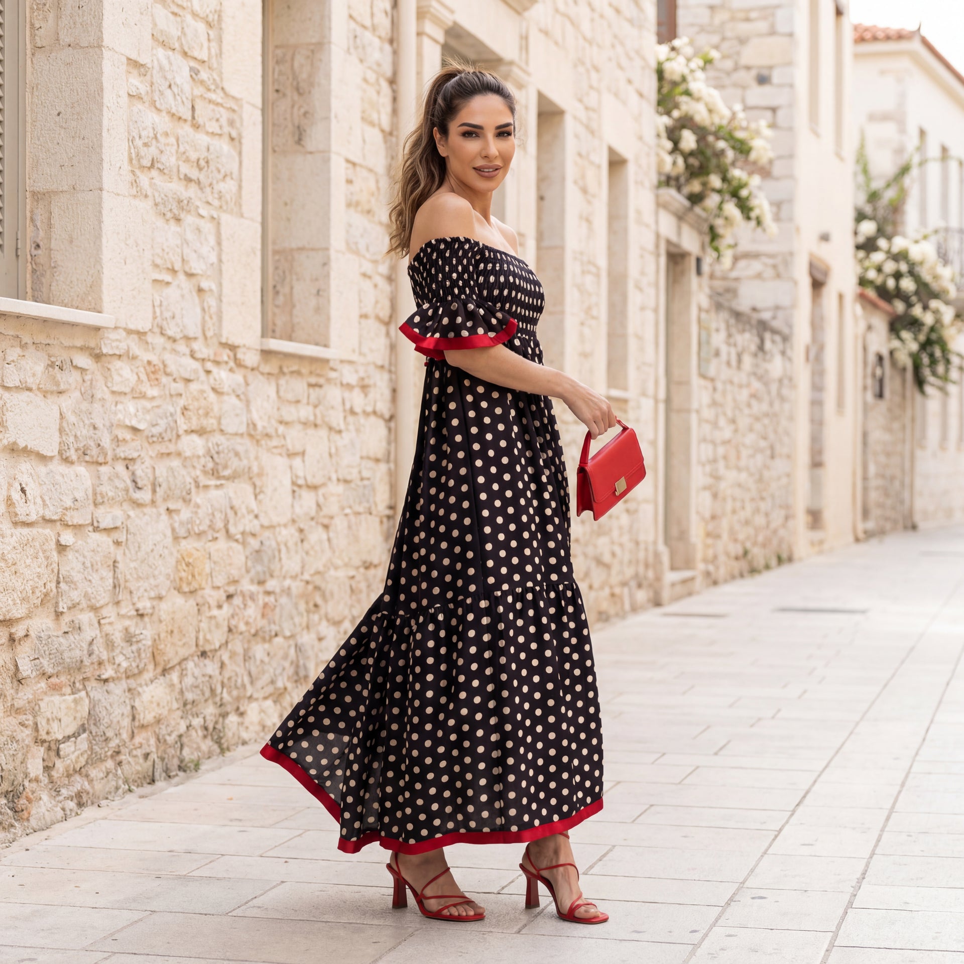 red polka dot off the shoulder dress Off-Shoulder Maxi – Made in Italy and flare skirt Color:Smoke Grey 1499_blowout Late Night Rendezvous Black