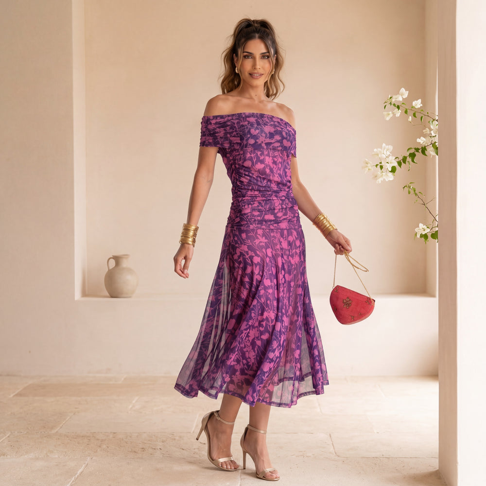MARIΓIOÚ off shoulder midi dress in berry purple with floral pattern elegant summer outfit front view