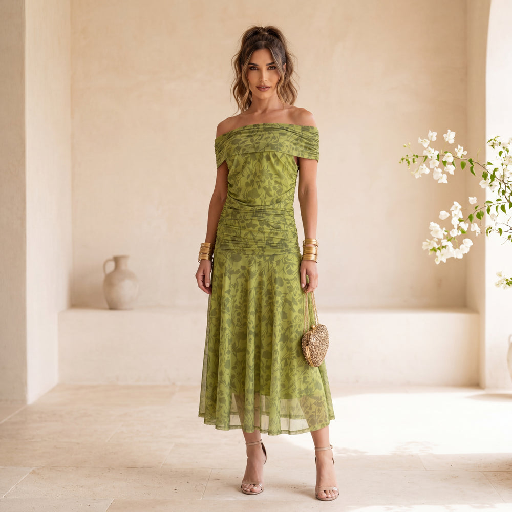 MARIΓIOÚ off shoulder midi dress in olive green with floral pattern elegant summer dress front view