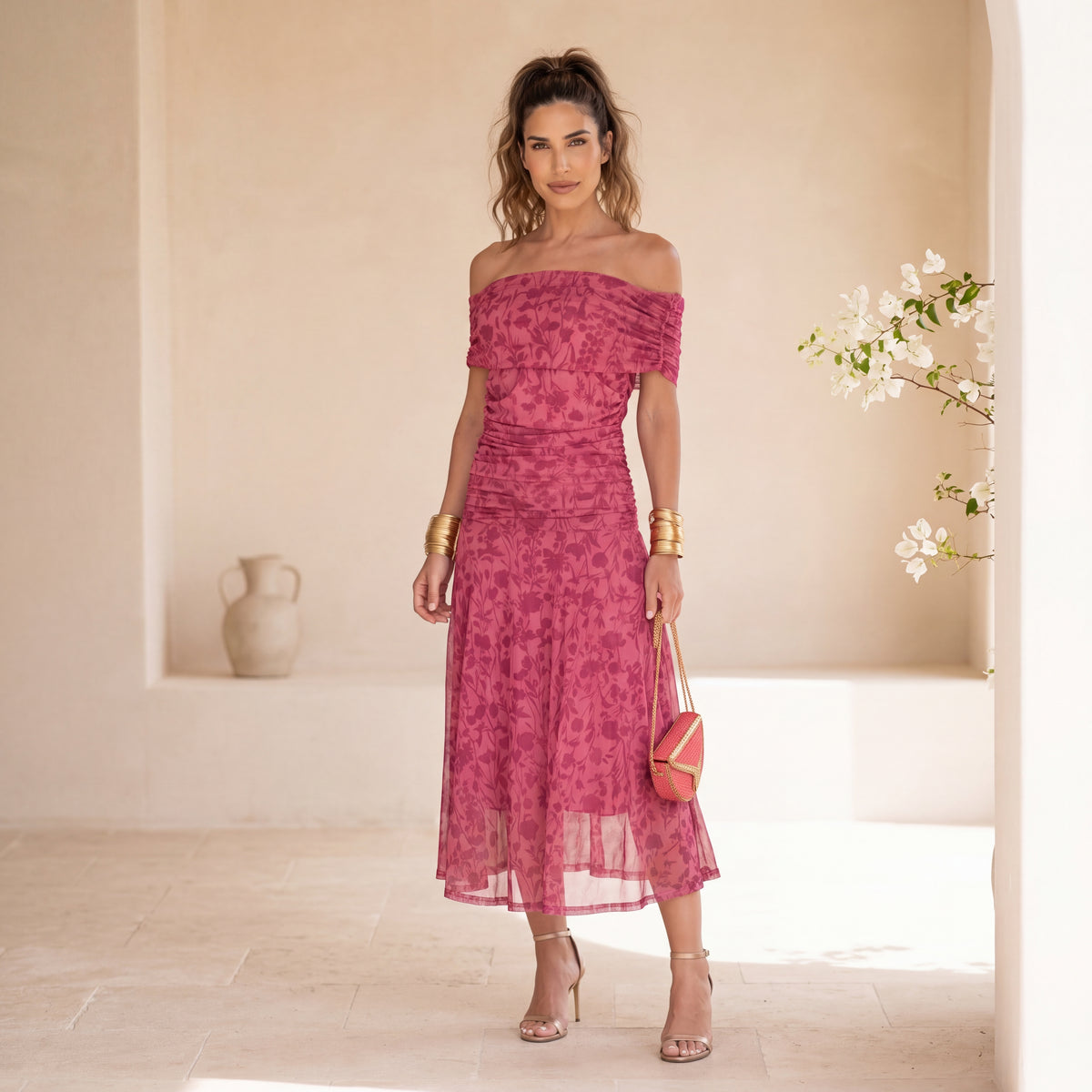 MARIΓIOÚ off shoulder midi dress in rose pink with floral pattern feminine summer look front view