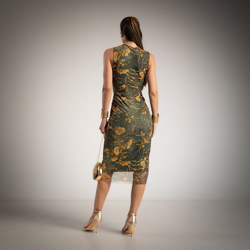Back view of an olive grove floral mesh midi dress with elegant floral print