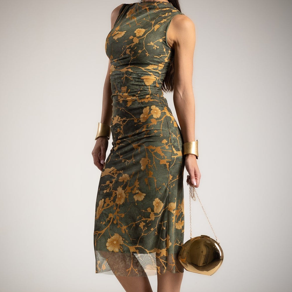 Olive grove floral mesh midi dress featuring ruched detailing and fitted silhouette