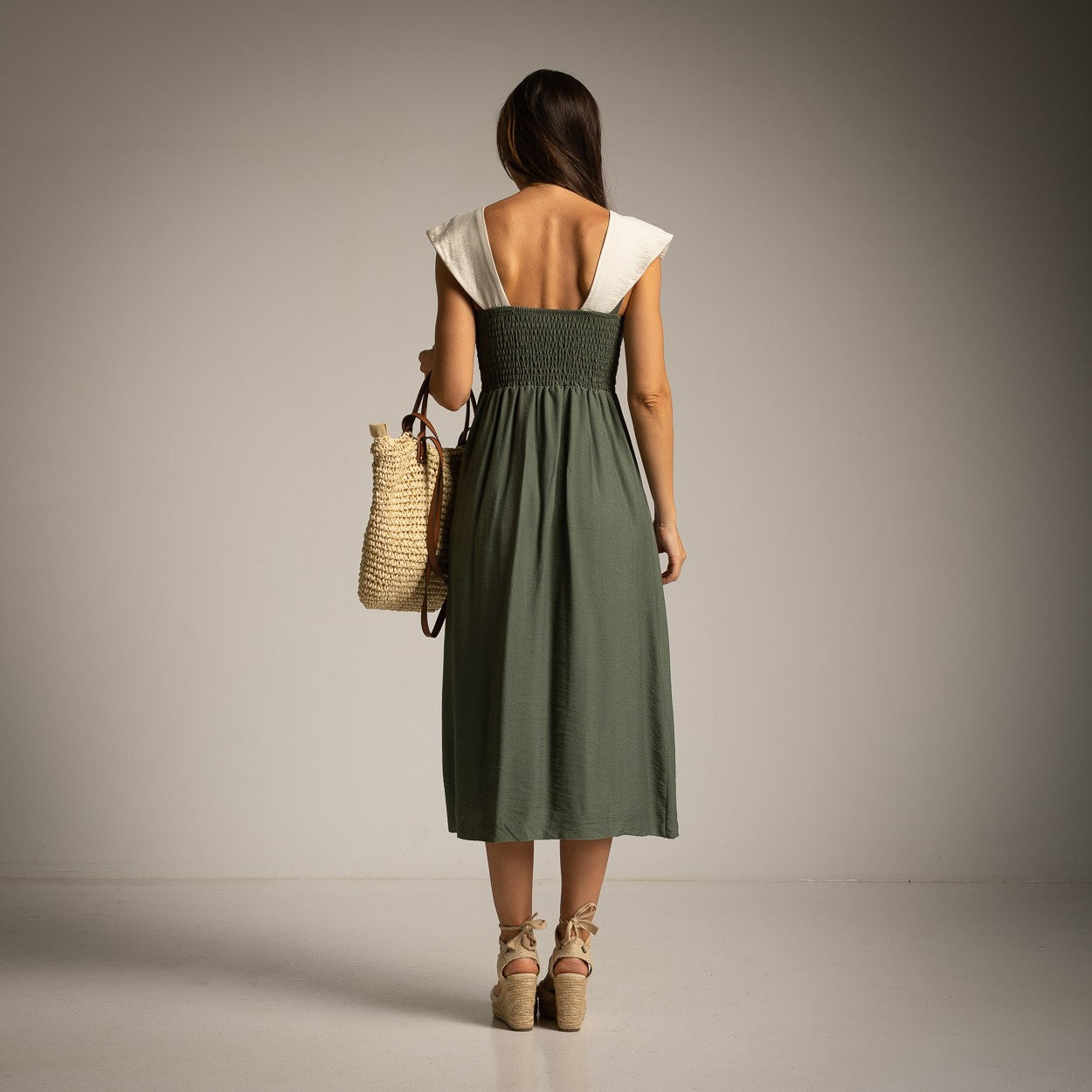 Back view of Olive Grove resort midi dress with relaxed Mediterranean fit