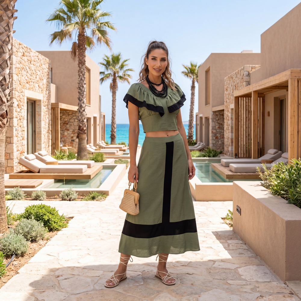 MARIΓIOÚ olive grove resort wear set styled in luxury Mediterranean vacation setting