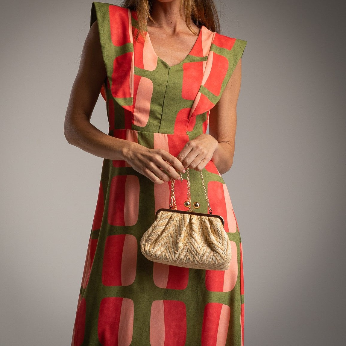 marigiou olive sunset abstract midi dress detail fabric and handbag