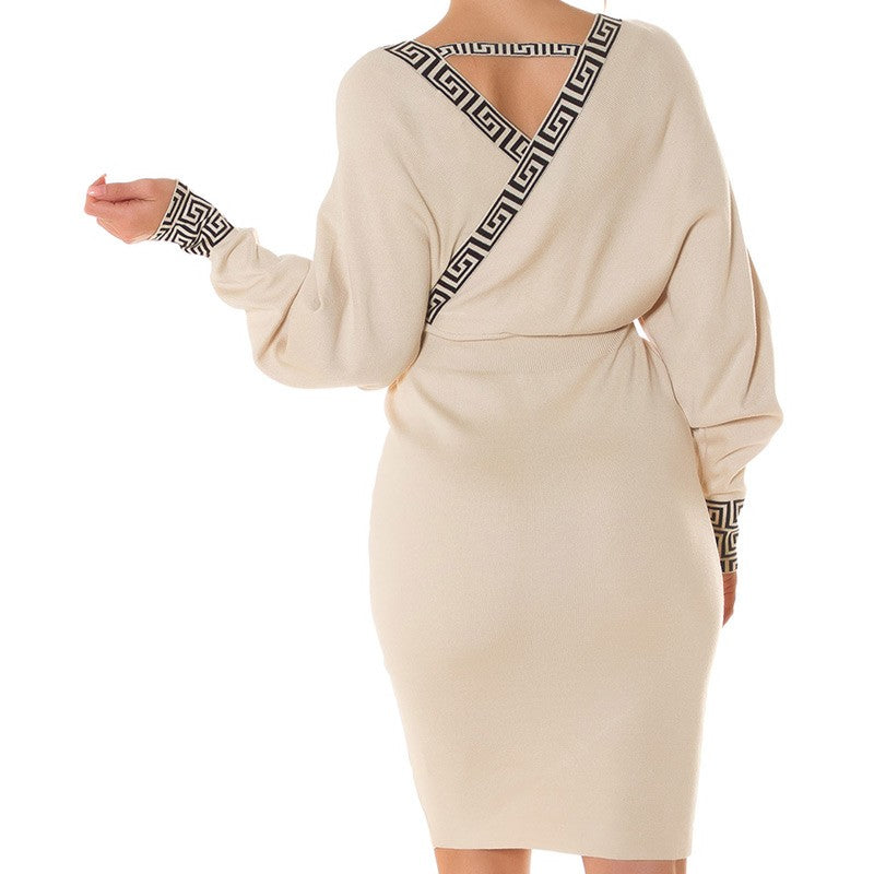 Latte Beige knit wrap midi dress with Greek key trim and batwing sleeves - back view