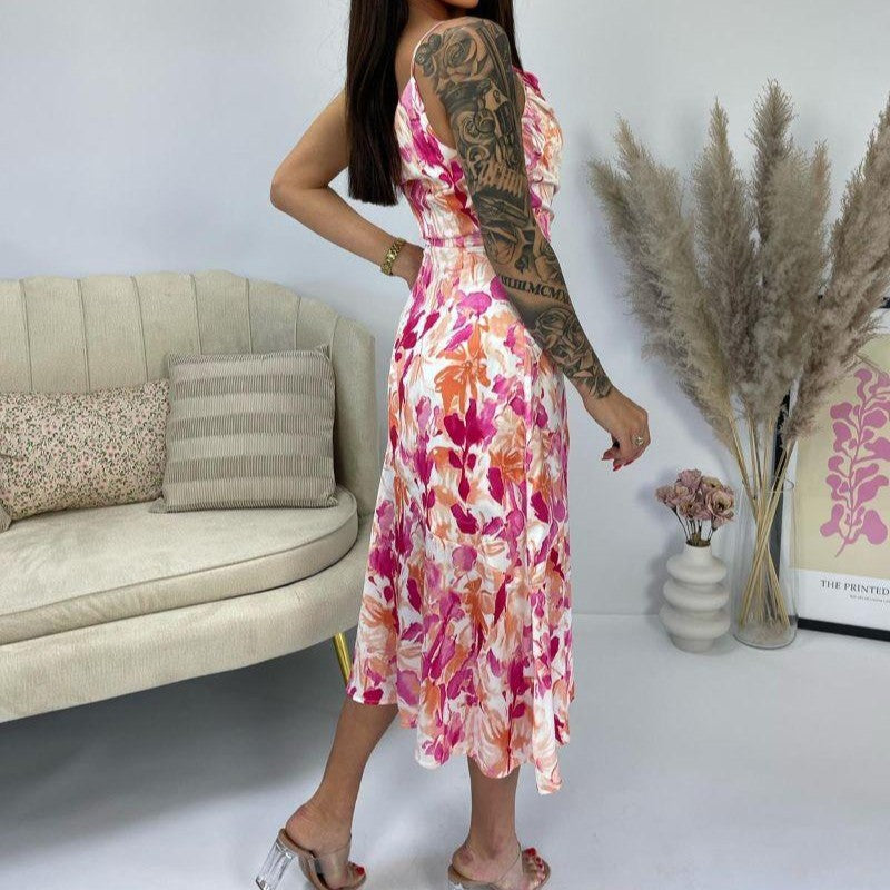 one shoulder floral midi dress pink peach side view elegant summer dress