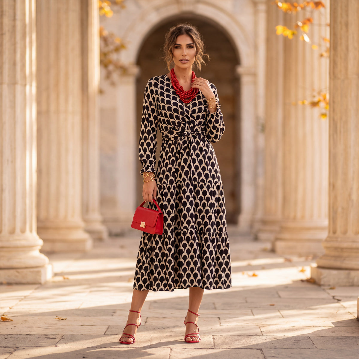 Black fish scale print wrap midi dress with tie waist and ruffled cuffs by MARIΓIOU
