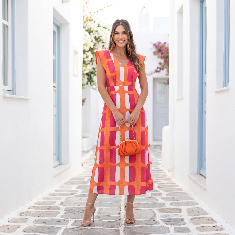 marigiou orange sunset abstract midi dress front white alley summer outfit
