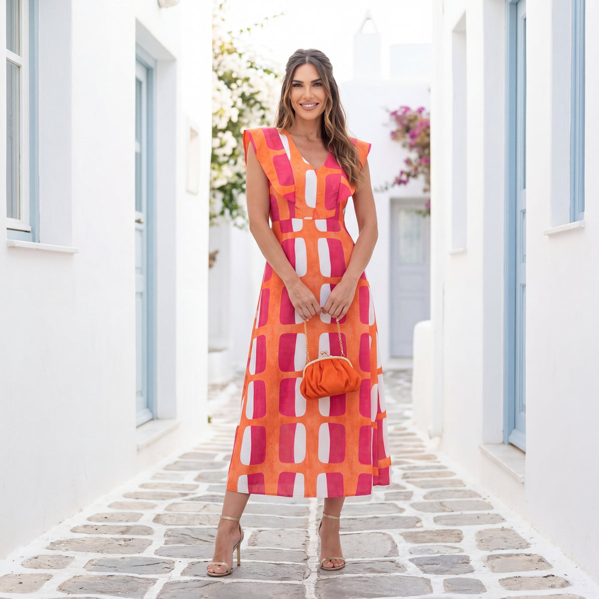 marigiou orange sunset abstract midi dress front white alley summer outfit