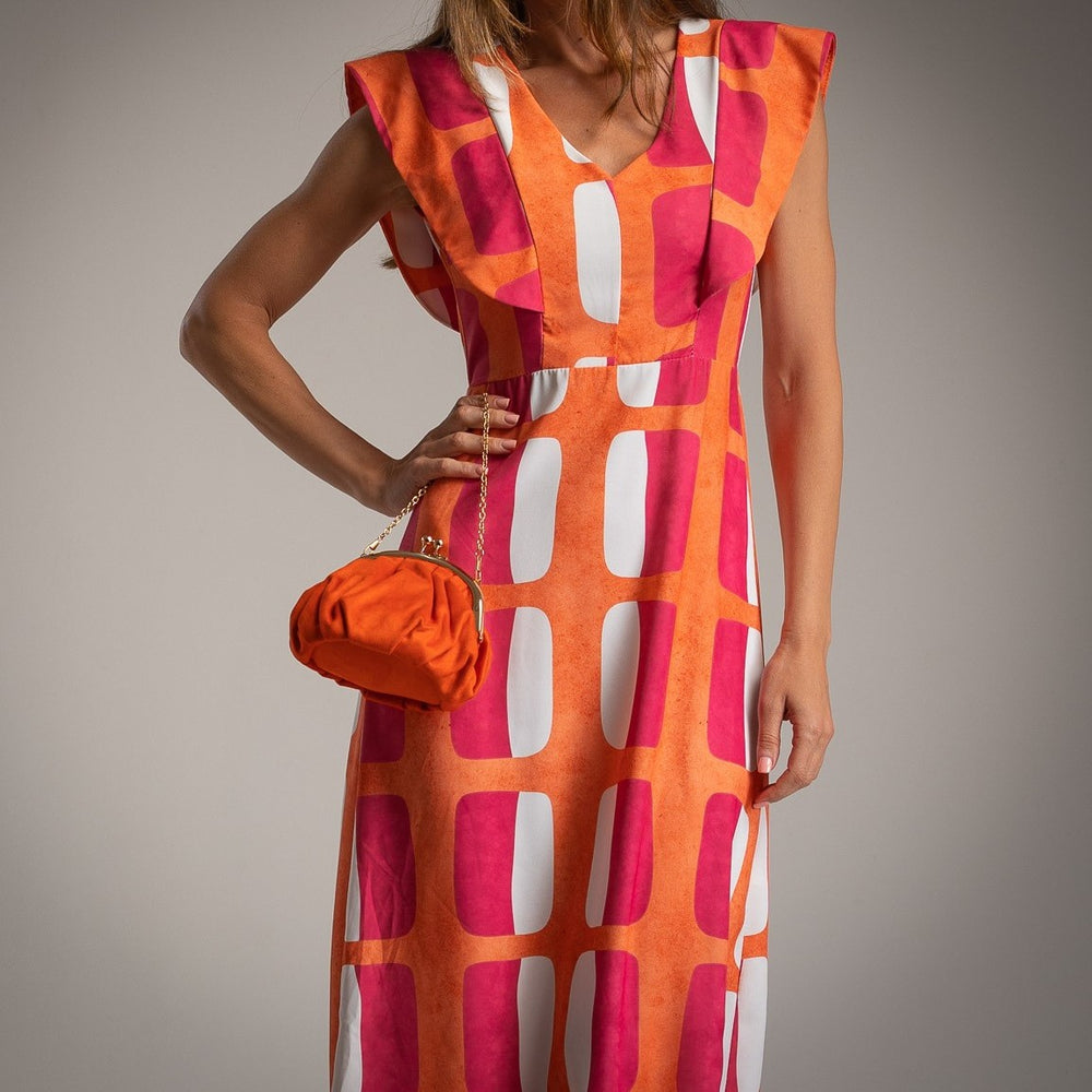 marigiou orange sunset abstract midi dress detail v-neck structured sleeves
