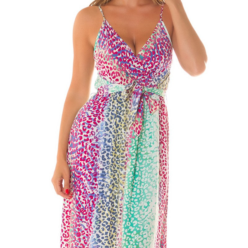 Close up of Orchid Sunset maxi dress with waist tie and lightweight fabric