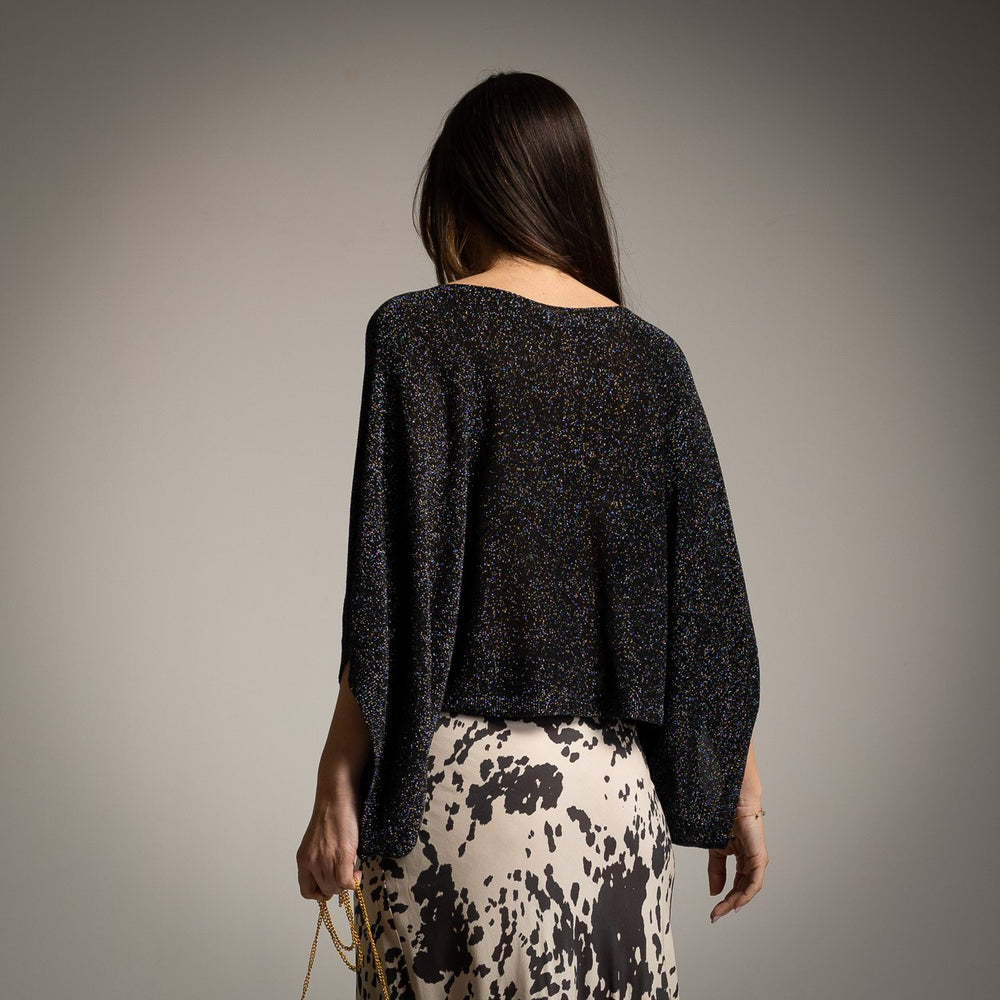 Black shimmering lurex batwing top with wide dolman sleeves - back view