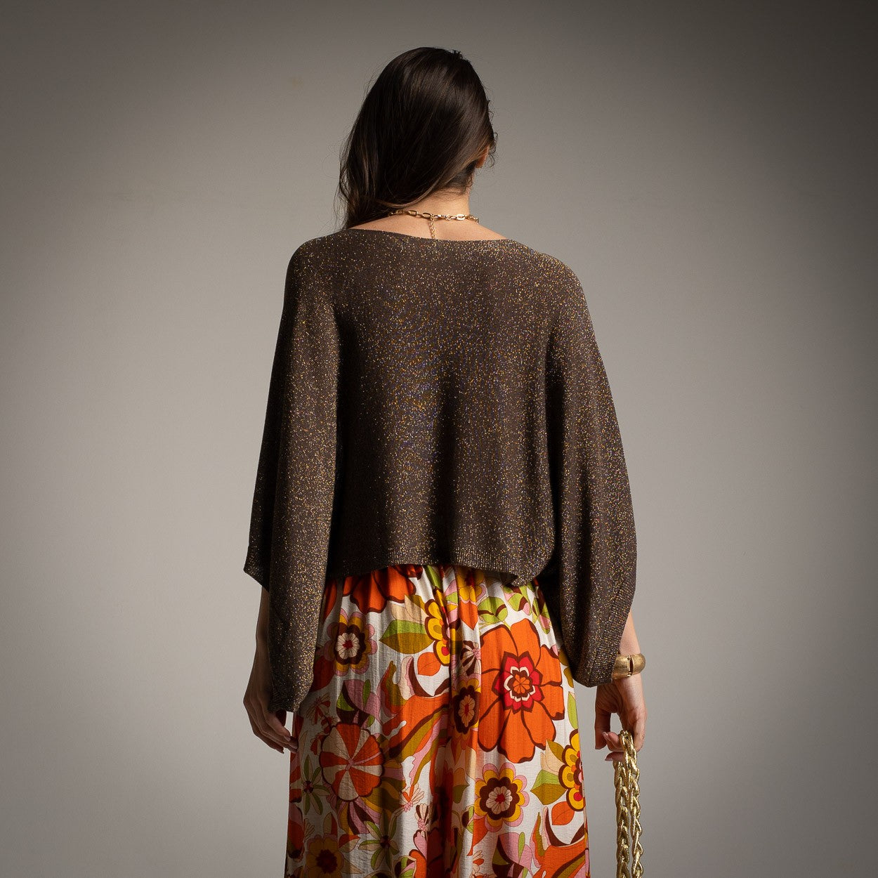 Brown shimmering lurex batwing top with wide dolman sleeves - back view
