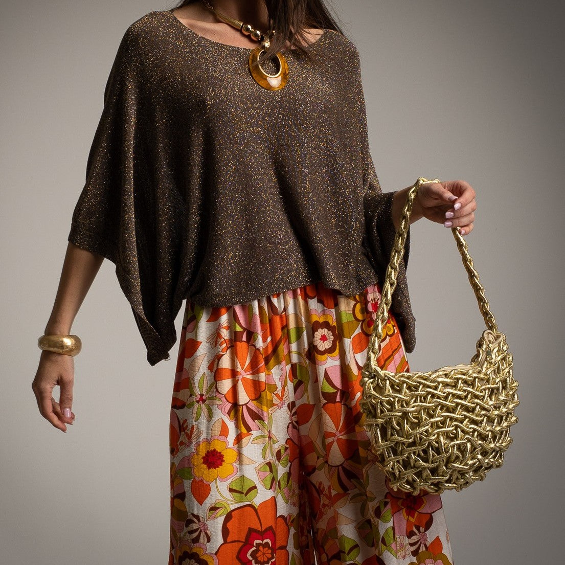 Brown shimmering lurex batwing top with wide dolman sleeves - front view