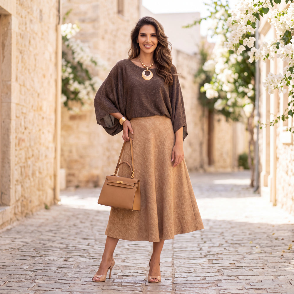 Brown shimmering lurex batwing top with wide dolman sleeves by MARIΓIOU