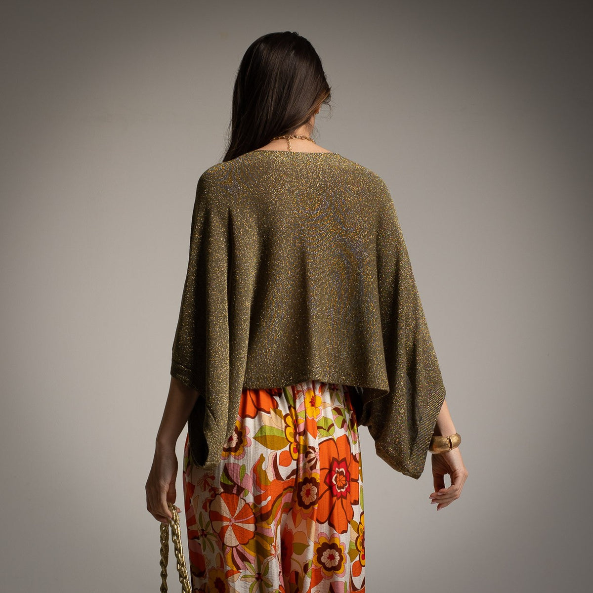 Golden Olive shimmering lurex batwing top with wide dolman sleeves - back view