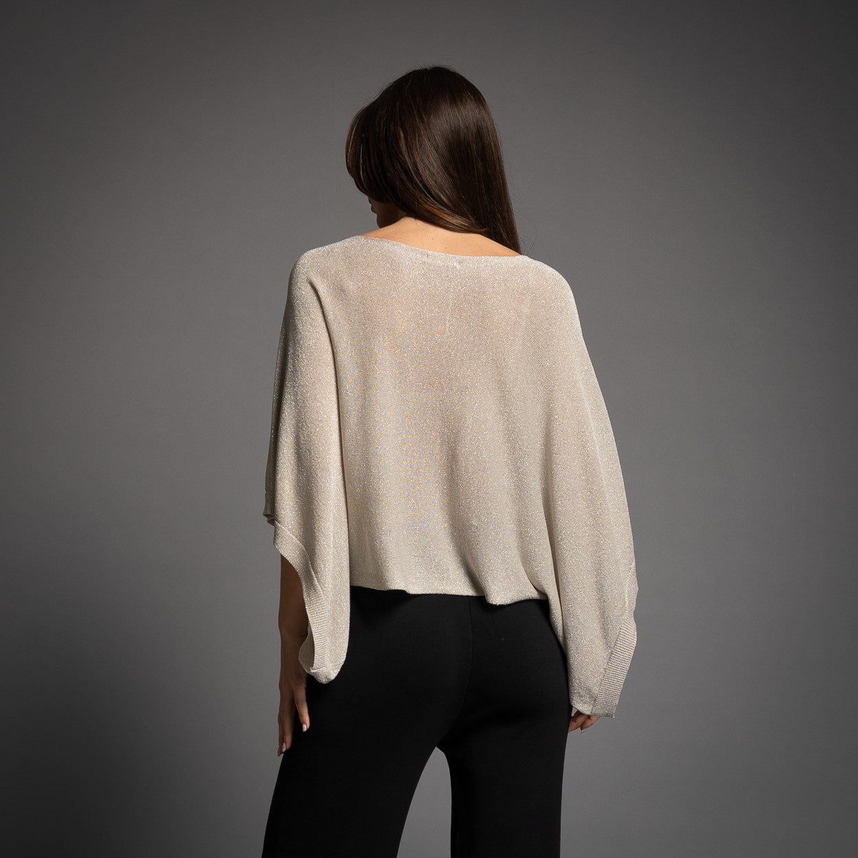 Latte Beige shimmering lurex batwing top with wide dolman sleeves - back view