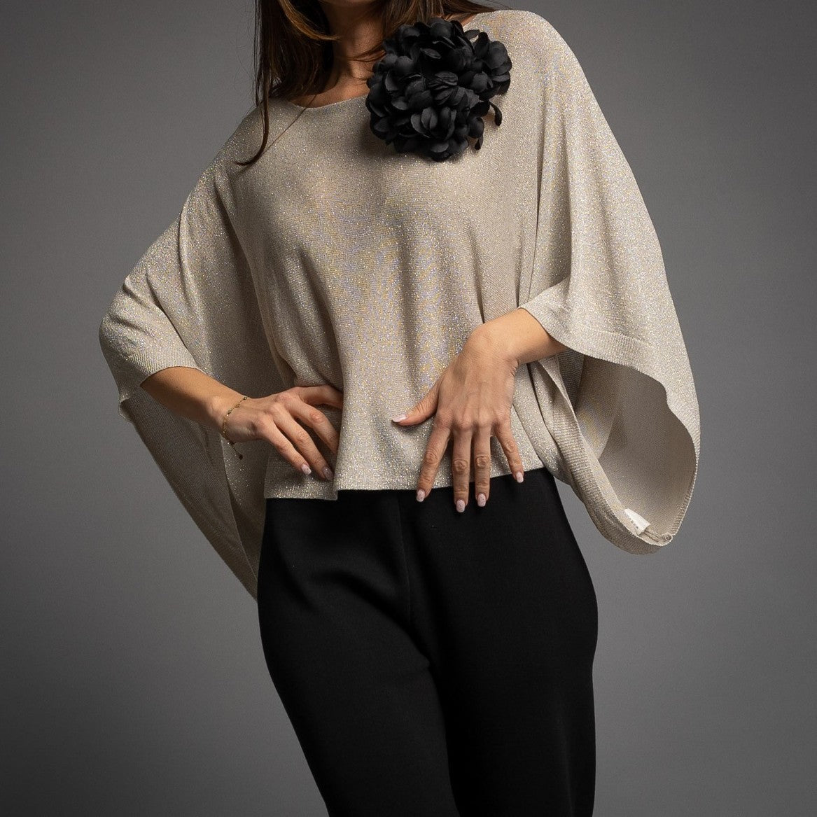 Latte Beige shimmering lurex batwing top with wide dolman sleeves - front view