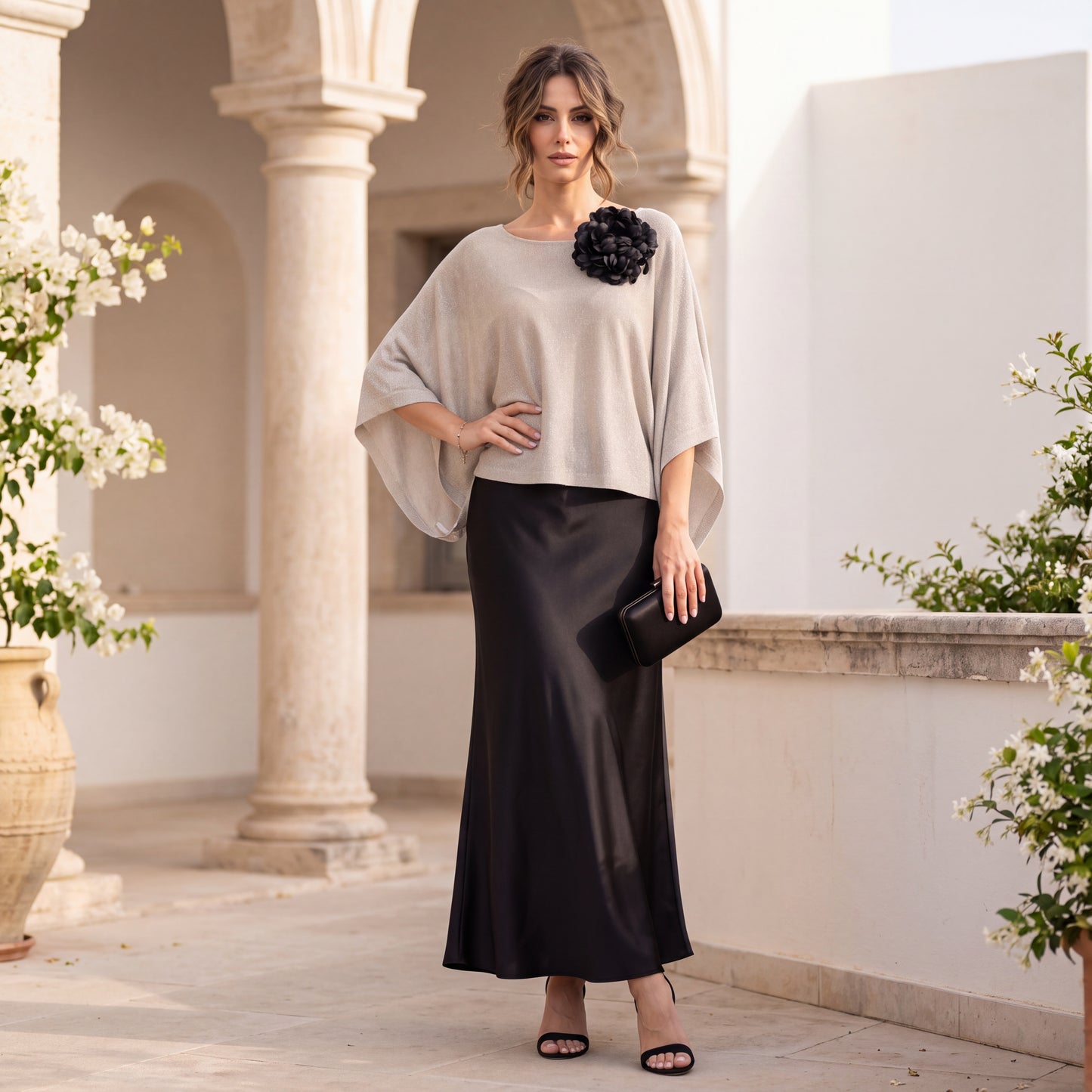 Latte Beige shimmering lurex batwing top with wide dolman sleeves by MARIΓIOU