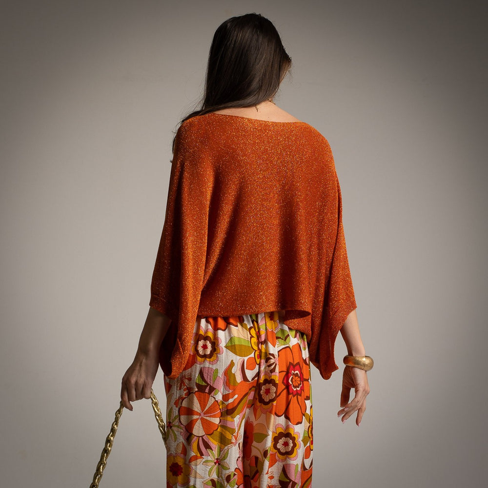 Sunset Terracotta shimmering lurex batwing top with wide dolman sleeves - back view