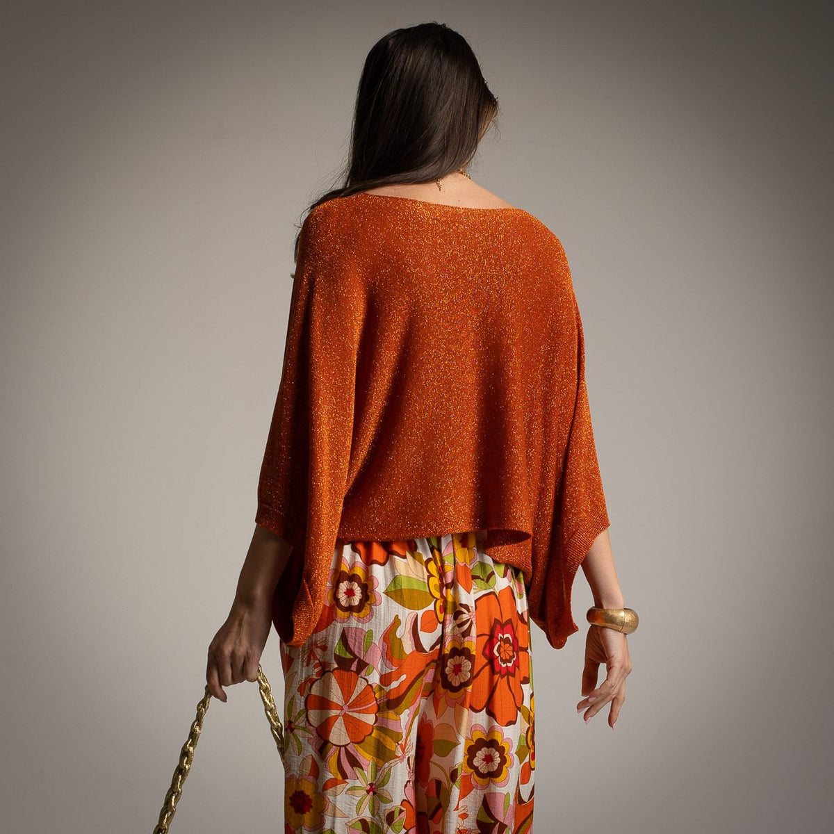 Sunset Terracotta shimmering lurex batwing top with wide dolman sleeves - back view