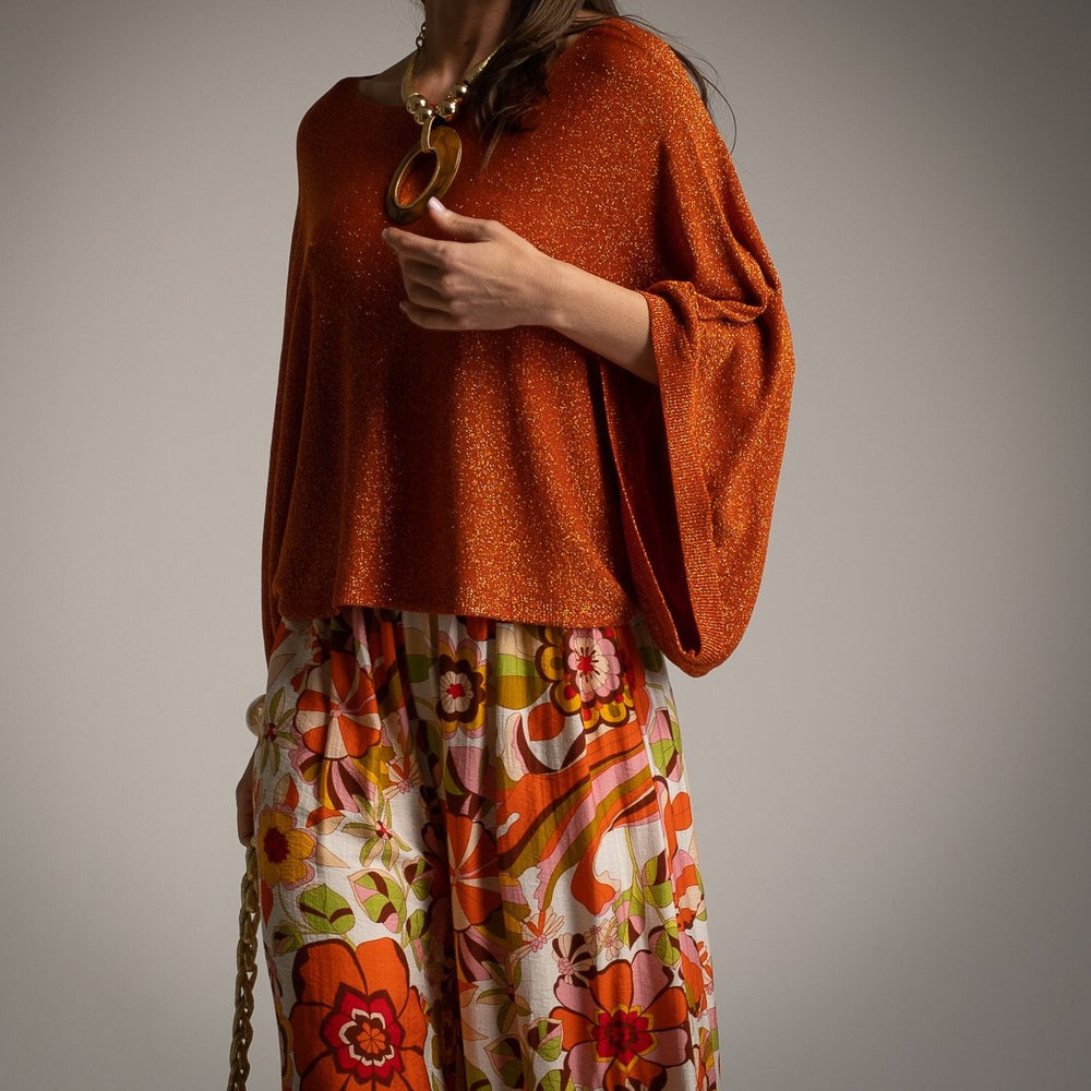 Sunset Terracotta shimmering lurex batwing top with wide dolman sleeves - front view