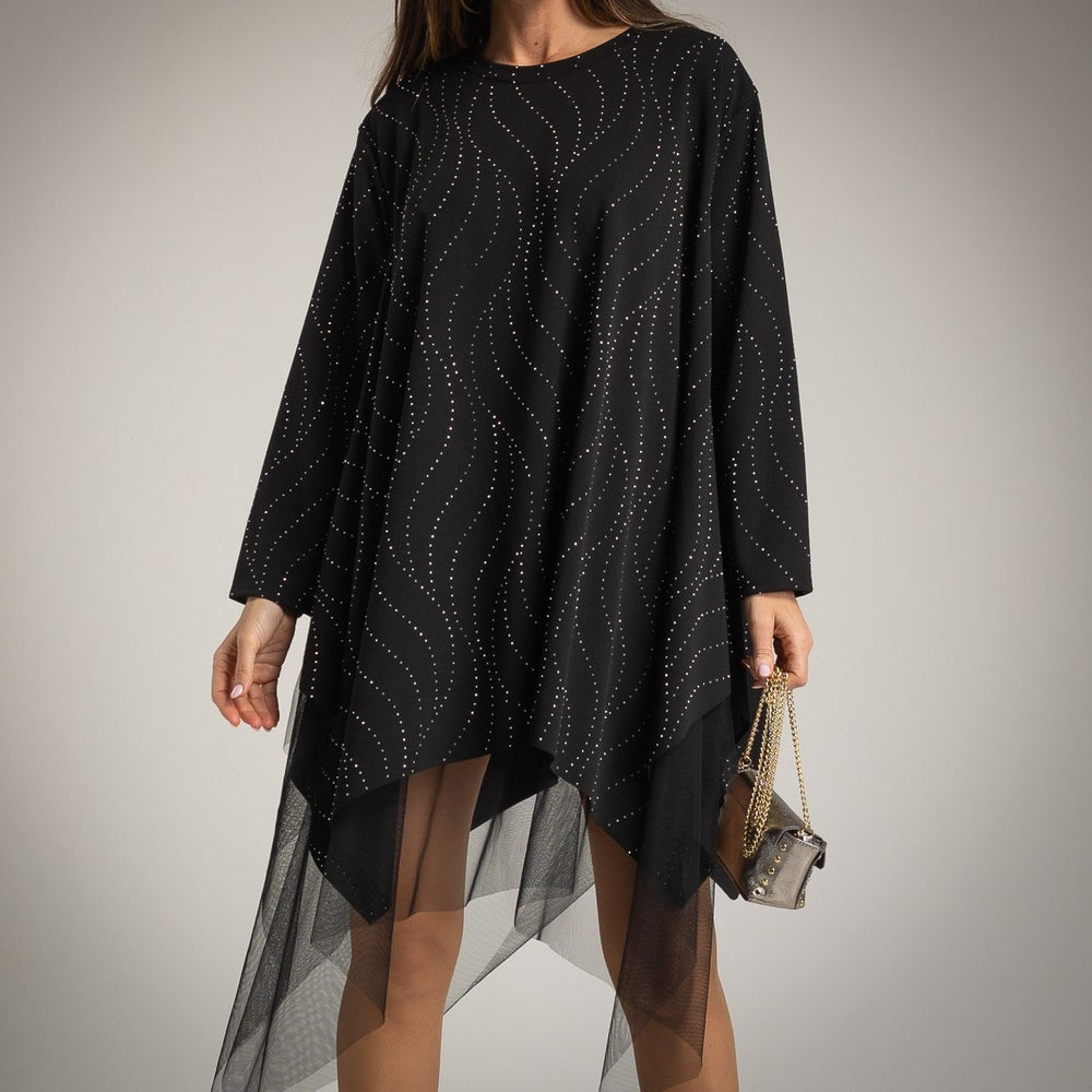 Oversize black festive dress with rhinestone pattern and tulle hem, front view