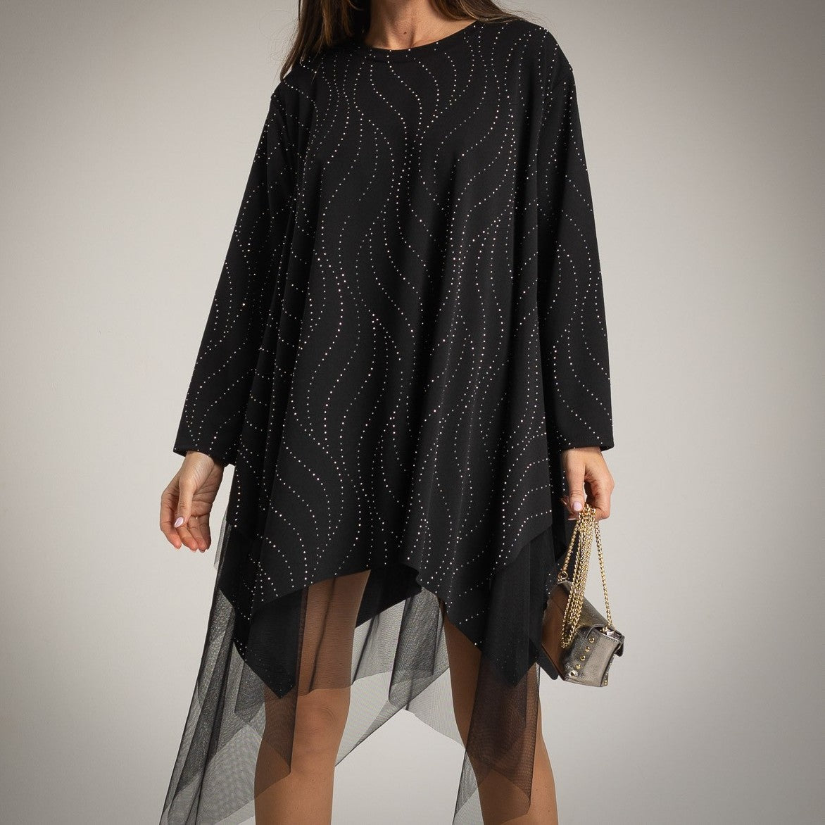 Oversize black festive dress with rhinestone pattern and tulle hem, front view