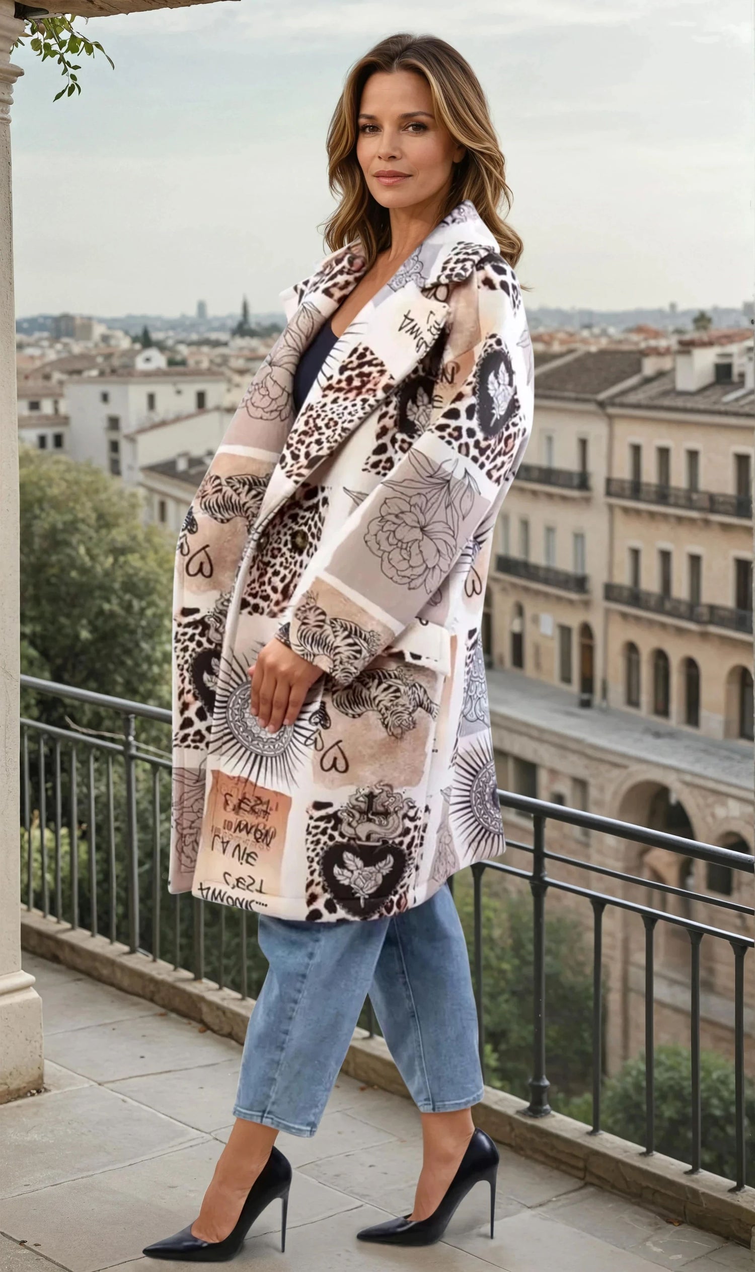 MARIΓIOÚ oversized neoprene plush coat – full body outdoor view