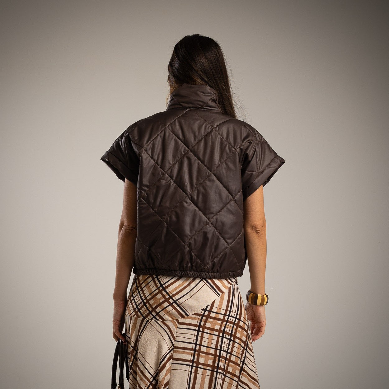 marigiou padded vest with neon zipper in chocolate – back view
