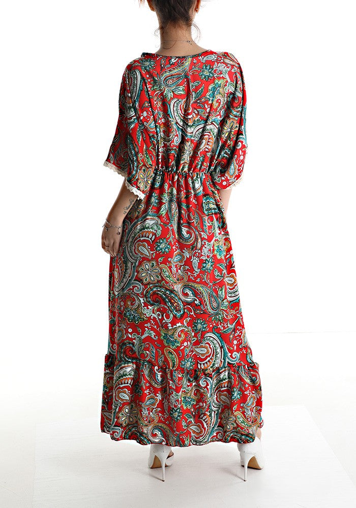 Red paisley print boho maxi dress back view