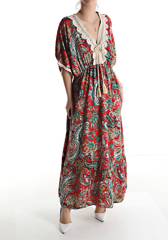 Red paisley boho maxi dress with lace details and flowing silhouette