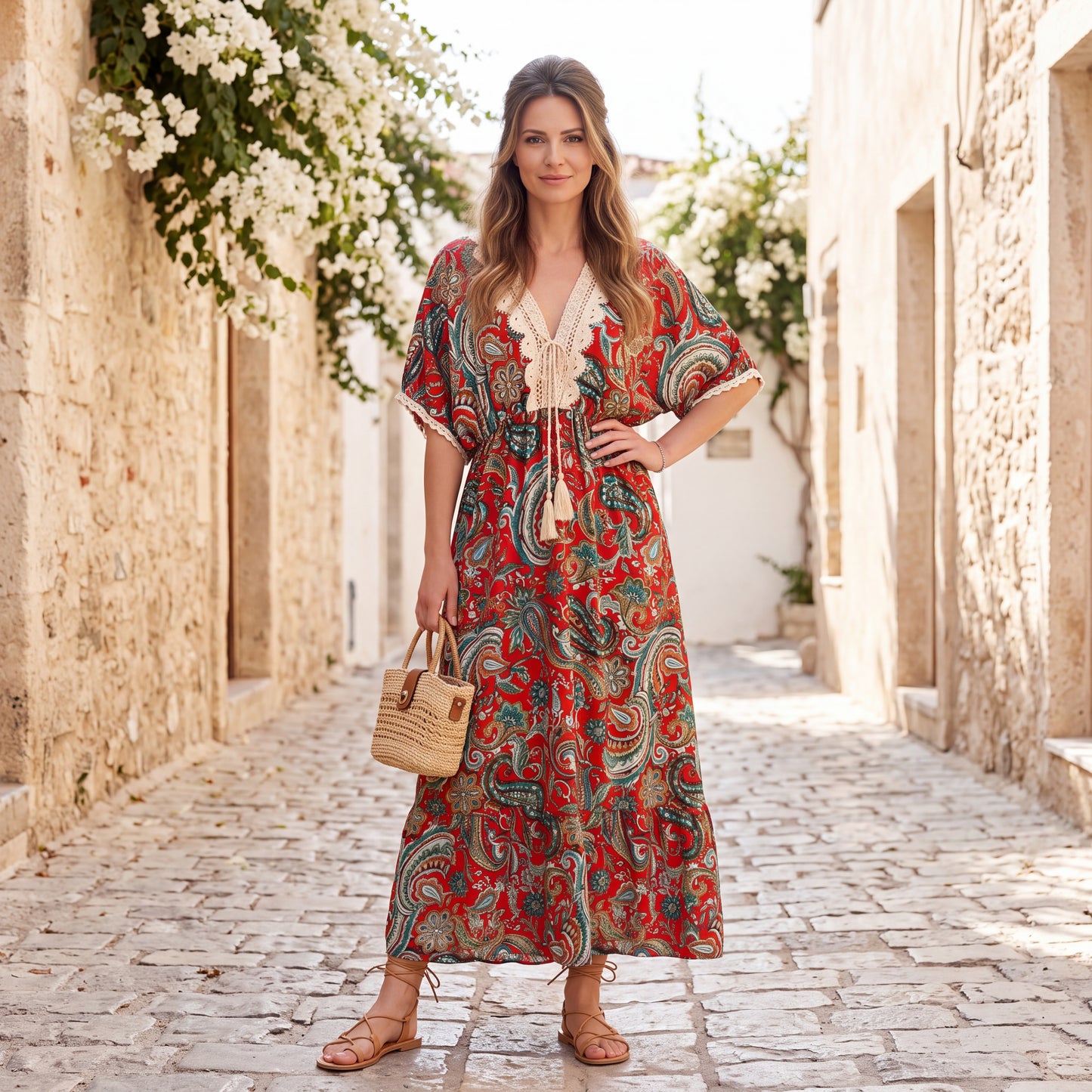 Red paisley boho maxi dress styled for a Mediterranean summer look
