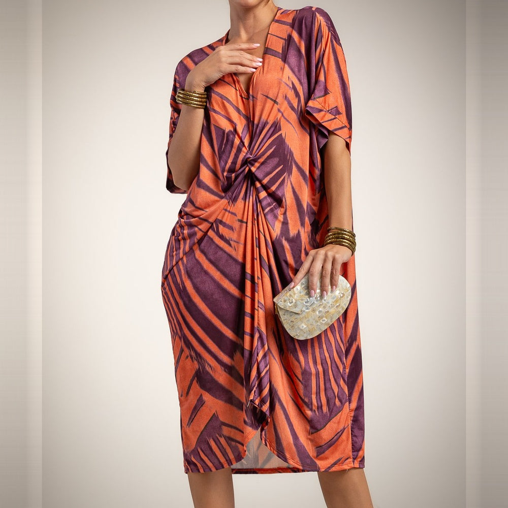 Coral Glow palm print kaftan dress with V neckline and knot detail - front view