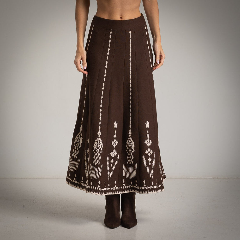 Brown patterned knit midi skirt – front view