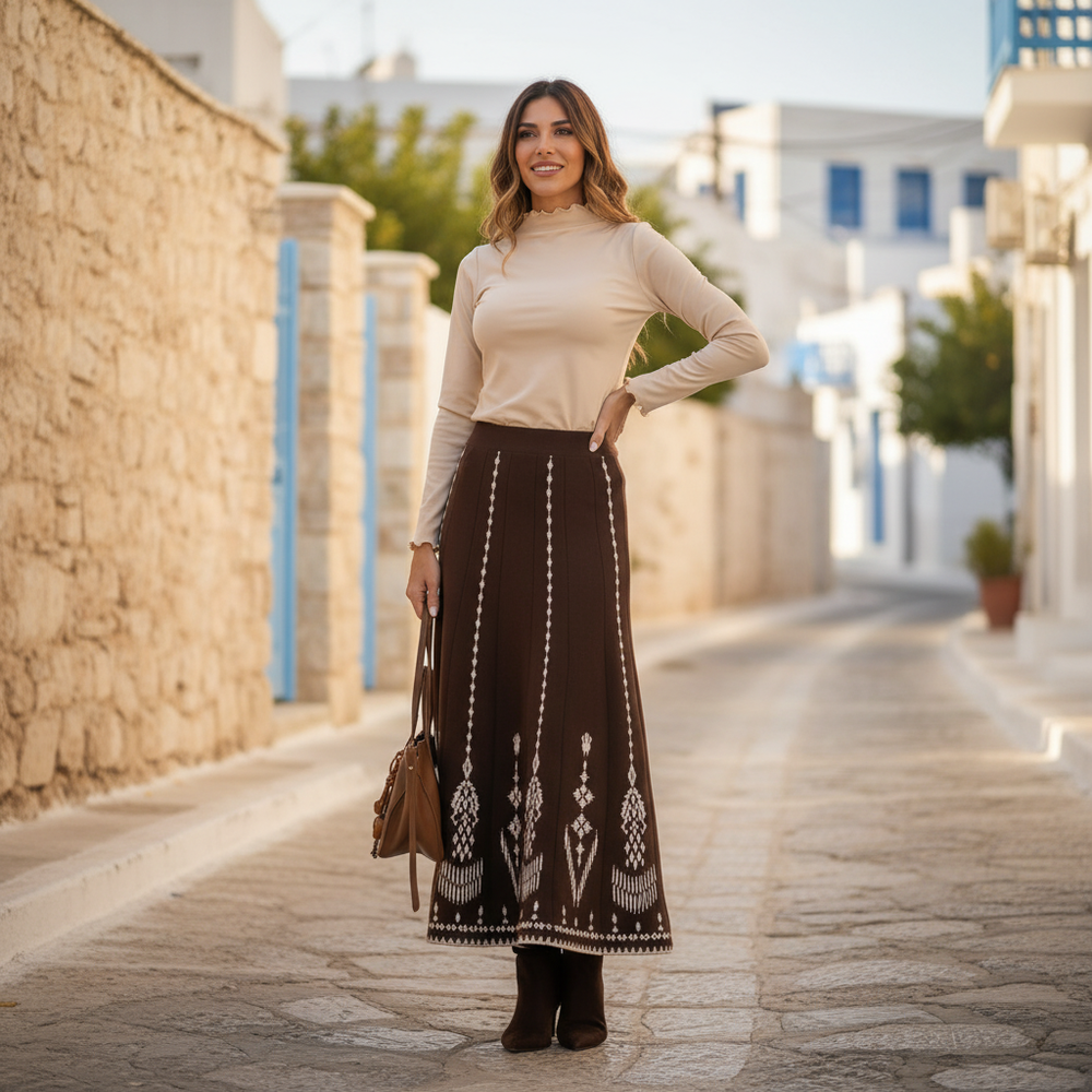 Patterned knit midi skirt styled for everyday wear – street style