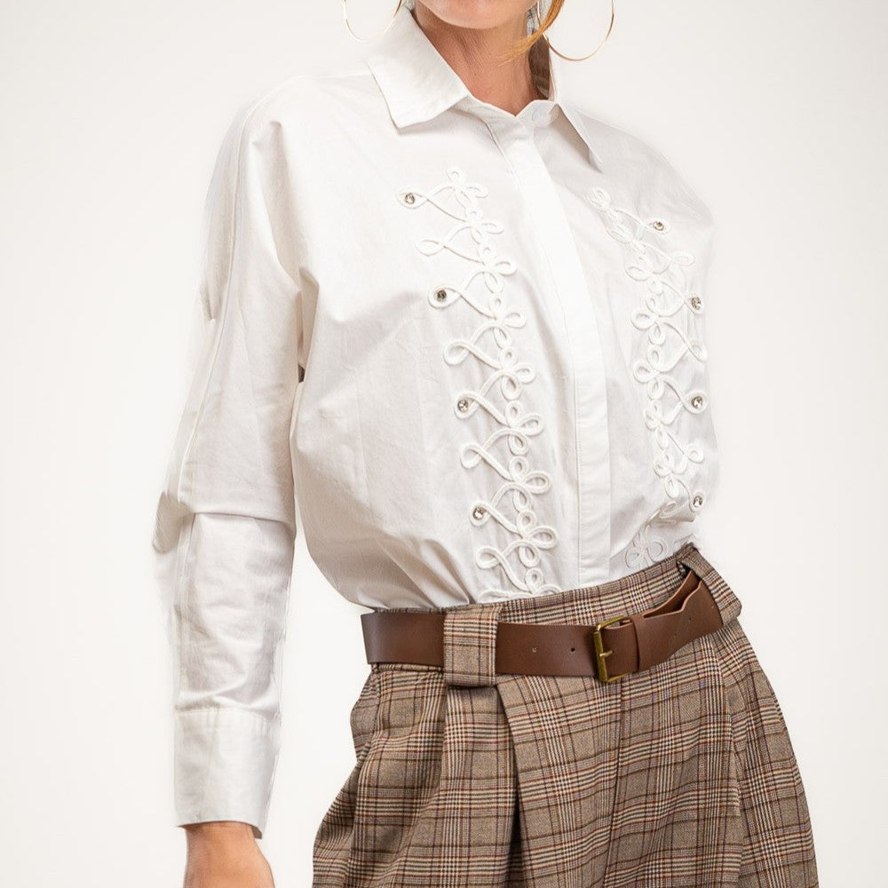 White cotton blouse with cord embroidery and rhinestones - front view