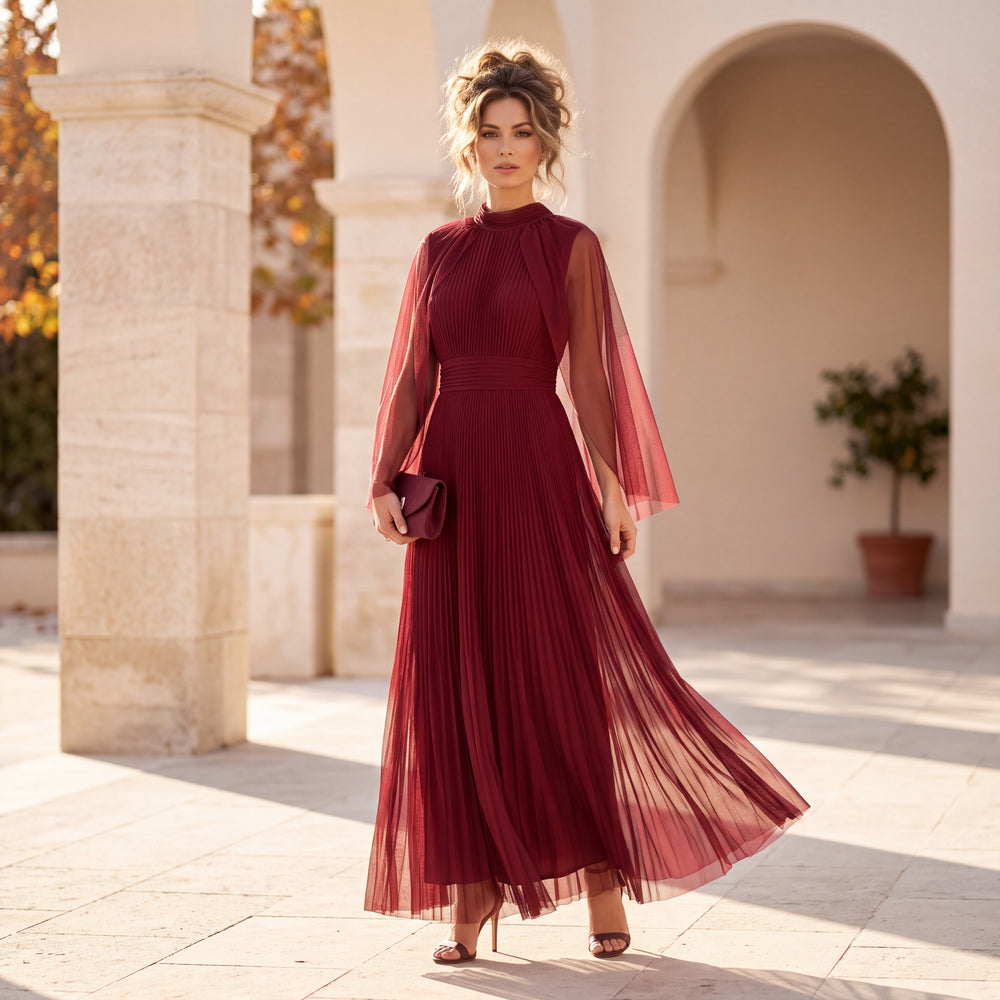 Deep Wine Red pleated midi dress with high neck and sheer mesh cape sleeves by MARIΓIOU