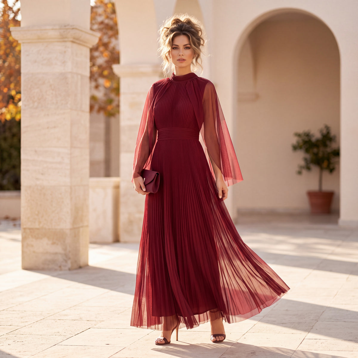 Deep Wine Red pleated midi dress with high neck and sheer mesh cape sleeves by MARIΓIOU