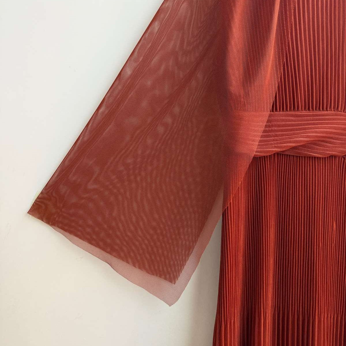 Terracotta Clay pleated midi dress with high neck and sheer mesh cape sleeves - detail view