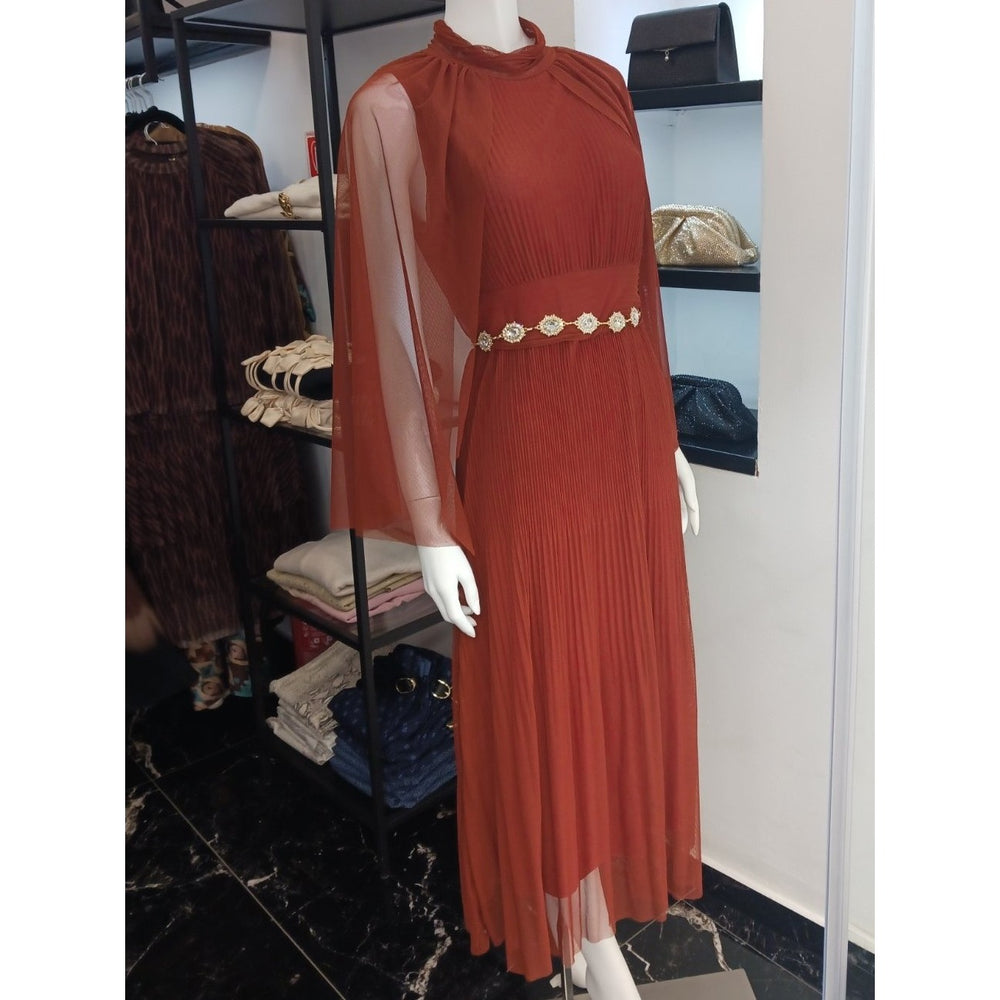 Terracotta Clay pleated midi dress with high neck and sheer mesh cape sleeves - front view