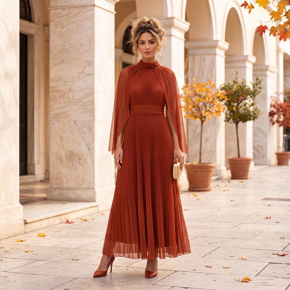 Terracotta Clay pleated midi dress with high neck and sheer mesh cape sleeves by MARIΓIOU